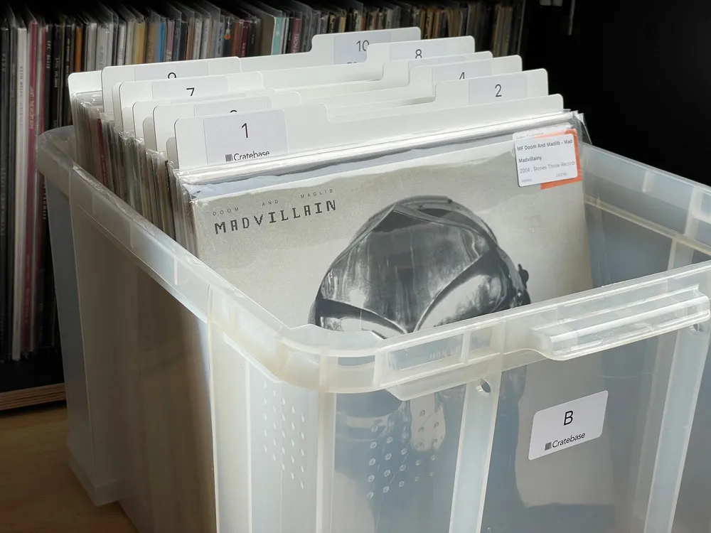 A crate of records ready for packing