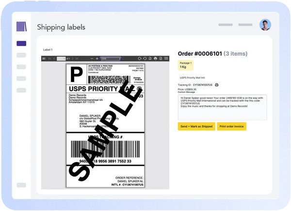 A generated shipping label with customs form in Cratebase